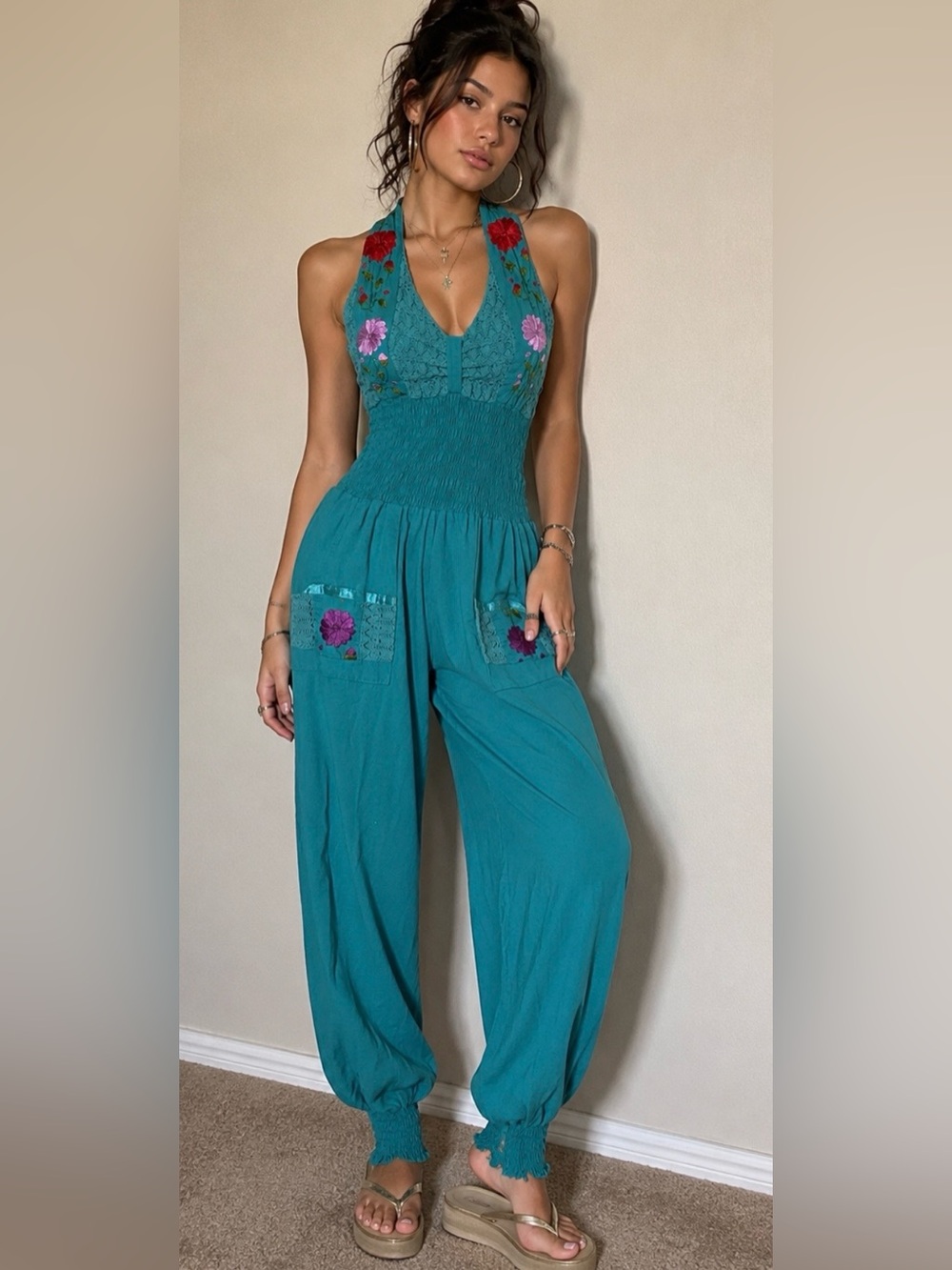 Boho Embroidered Halter Harem Jumpsuit Teal Smocked Floral Festival Y2K XS